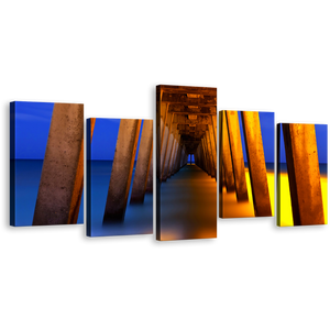 Pier Sea Canvas Wall Art, Blue Yellow Pier Ocean 5 Piece Multi Panel Canvas, Orange Under Pier Pillars Canvas Print