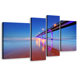 Pier Seascape Canvas Print, New Brighton Blue Pier Ocean 4 Piece Canvas Wall Art, Purple Pier Lights Reflection Sea Multi Panel Canvas