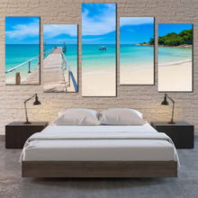 Load image into Gallery viewer, Pier Ocean Canvas Wall Art Thailand Beach Mountain 5 Piece Canvas Print  Blue White Ocean Sky Canvas Set In Bedroom
