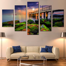 Load image into Gallery viewer, Pier  Sea  Canvas  Print  Green  Boulder  Seascape  Canvas  Set  Blue  Sky  Cloudy  Sunset  5  Piece  Canvas  Living  Room  Wall  Art In Living Room
