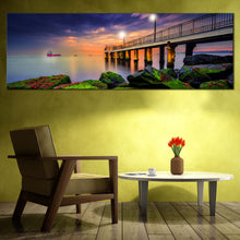 Load image into Gallery viewer, Pier  Sea  Canvas  Print  Green  Boulder  Seascape  Canvas  Set  Blue  Sky  Cloudy  Sunset  Living  Room  1  Piece  Canvas  Wall  Art In Living Room
