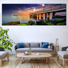 Load image into Gallery viewer, Pier  Seascape  Canvas  Wall  Art  Green  Boulder  Sea  Canvas  Print  Blue  Clouds  Sunset  Sky  Panoramic  Canvas For Living Room
