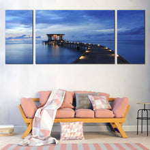 Load image into Gallery viewer, Pier Seascape Canvas Wall Art Yellow Wooden Pier Lights  3 Piece Canvas Print Blue Sea Pier in Maldives Canvas Set For Living Room
