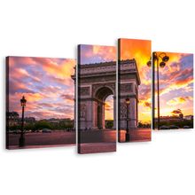 Load image into Gallery viewer, Place de l'Etoile Canvas Print, Arc de Triomphe 4 Piece Canvas Wall Art, Beautiful Yellow Purple Sunset Multiple Canvas
