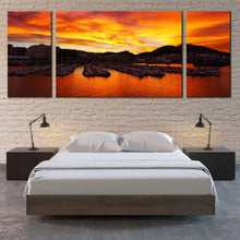Load image into Gallery viewer, Port Ocean Canvas Print Yellow Santurtzi Sunrise Ocean Mountains  3 Piece Canvas Yellow Port Boats Mountains Sunset Canvas Wall Art For Bedroom
