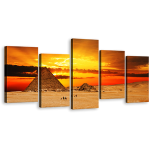 Pyramid Desert Canvas Wall Art, Giza Necropolis Yellow Red Sunset 5 Piece Canvas, Egypt Brown Camel Desert Canvas Print