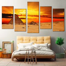 Load image into Gallery viewer, Pyramid  Desert  Canvas  Wall  Art  Giza  Necropolis  Yellow  Red  Sunset  Bedroom  5  Piece  Canvas  Egypt  Brown  Camel  Desert  Canvas  Print For Bedroom
