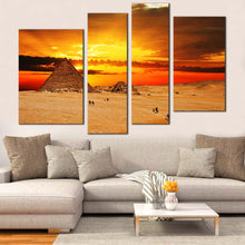 Load image into Gallery viewer, Pyramid  Desert  Canvas  Wall  Art  Giza  Necropolis  Yellow  Red  Sunset  Living  Room  4  Piece  Canvas  Egypt  Brown  Camel  Desert  Canvas  Print For Living Room
