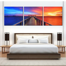 Load image into Gallery viewer, Red  blue  sky  twilight  wooden  pier  close  up  triptych  wall  art  home  decor For Bedroom
