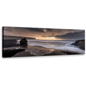 Reynisfjara Beach Canvas Wall Art, Grey Iceland Ocean Beach Rocks Canvas Print, Dramatic Yellow Cloudy Sky Sea Panoramic Canvas, Beach Black Sand Wide Canvas