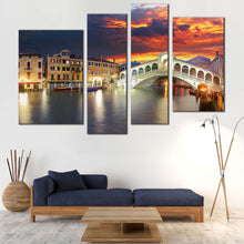 Load image into Gallery viewer, Rialto Bridge Canvas Wall Art Venice City Dramatic Orange Sunset Canvas Artwork Grey Italy Gondola Seascape  4 Piece Canvas Print 
