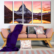Load image into Gallery viewer, Riffelsee Lake Canvas Print Sunset View of Matterhorn Mountain 5 Piece Canvas Wall Art White Brown Matterhorn Mountain Canvas Set For Living room
