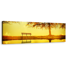 Load image into Gallery viewer, River Park Canvas Print, Yellow Sunset Tree Bench Lake Panoramic Canvas Wall Art, Orange River Landscape Autumn Scene Canvas Artwork
