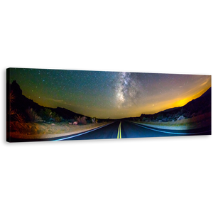 Road Scenery Canvas Art, Yellow Sunset Stary Sky Wall Art, Blue Road Towards Milky Way Panoramic Canvas Print
