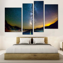 Load image into Gallery viewer, Road Scenery Canvas Wall Art Blue Road Towards Milky Way  4 Piece Canvas Print

