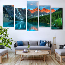 Load image into Gallery viewer, Rocky Mountains Canvas Print Blue Moraine Lake  5 Piece Canvas Wall Art Beautiful Landscape Forest Green Trees Banff National Park Canvas Set In Living Room
