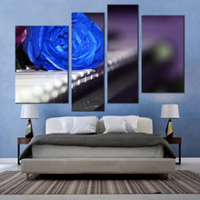 Load image into Gallery viewer, Rose Instrument Canvas Wall Art Romantic Piano 4 Piece Canvas Print Blue Rose Flowers Multi Canvas Artwork
