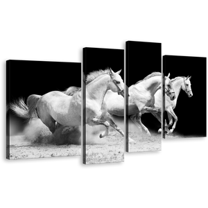Running Horses Canvas Wall Art, White Grey Galloping Horses 4 Piece Multiple Canvas, Herd Of Horses Canvas Print