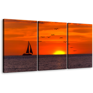 Sailing Boat Canvas Wall Art, Yellow Sunset Seascape Multi Canvas Artwork, Birds Flying in Orange Sky 3 Piece Canvas Print