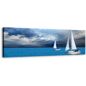 Sailing Boats Wall Art, Dramatic Blue Ocean Canvas Print, White Cloudy Sky Sail Boat Panoramic Canvas Art
