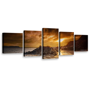 Salcombe Beach Canvas Wall Art, Dramatic Yellow Cloudy Sunset Sky Multi Canvas, South Devon Mountains Rocks Canvas Set, Brown Ocean Beach 5 Piece Canvas