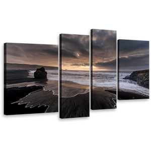 Sand Beach Canvas Wall Art, Grey Reynisfjara Ocean Beach Rocks 4 Piece Multi Canvas, Dramatic Yellow Sunset Sky Canvas Print