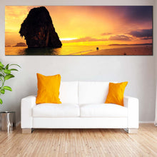 Load image into Gallery viewer, Sand  Beach  Canvas  Wall  Art  Brown  Sand  Ocean  Rocks  1  Piece  Wide  Canvas  Yellow  Cloudy  Sunset  Ocean  Sky  Canvas  Artwork In Living Room
