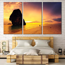 Load image into Gallery viewer, Sand Beach Canvas Wall Art Brown Sand Ocean Rocks 3 Piece Multi Panel Canvas Yellow Cloudy Sunset Ocean Sky Canvas Print For Bedroom
