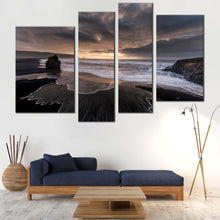 Load image into Gallery viewer, Sand Beach Canvas Wall Art Grey Reynisfjara Ocean Beach Rocks 4 Piece Multi Canvas Dramatic Yellow Sunset Sky Canvas Print For Your Living Room
