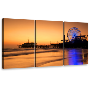 Santa Monica Canvas Wall Art, Blue Neon lit Ferris Wheel 3 Piece Canvas, Beautiful Ocean Beach Canvas Set, Orange Beach Pier Sunset Sky Canvas Print