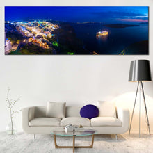 Load image into Gallery viewer, Santorini  Island  Canvas  Print  Dramatic  Blue  Clouds  Night  Seascape  Canvas  Artwork  Yellow  Greece  Cityscape  Lights  Living  Room  1  Piece  Canvas  Wall  Art For Living Room
