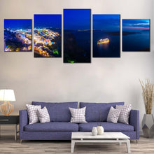 Load image into Gallery viewer, Santorini Seascape Canvas Wall Art Greece Cloudy Blue Sky Cityscape  5 Piece Canvas Print Cruise Ship Yellow Light Reflection Multi Canvas Artwork In Living Room
