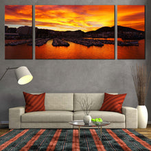 Load image into Gallery viewer, Santurtzi Sunrise Canvas Wall Art Orange Port Ocean Canvas Ocean Mountains  3 Piece Canvas Yellow Port Boats Mountains Sunset Canvas Print In Living Room
