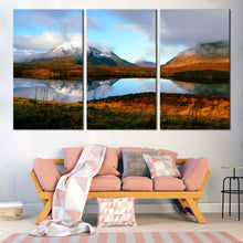 Load image into Gallery viewer, Scottish Highlands Canvas Wall Art Scotland Blue Sky Scenery  3 Piece Canvas Print United Kingdom Brown Mountains Lake Canvas In Living Room
