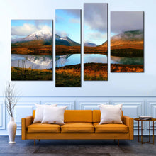 Load image into Gallery viewer, Scottish Highlands Canvas Wall Art Scotland Blue Sky Scenery  4 Piece Canvas Print United Kingdom Brown Mountains Lake Canvas

