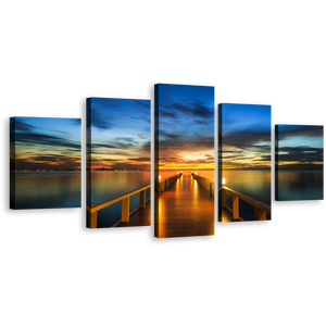 Sea Pier Canvas Print, Blue Sky Wooden Bridge Ocean 5 Piece Wall Art, Dramatic Yellow Sunset Sky Pier Multiple Canvas