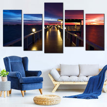 Load image into Gallery viewer, Sea Pier Canvas Wall Art Dramatic Blue Red Sunset Sky Multi Canvas Wooden Bridge Ocean  5 Piece Canvas Print For Living Room
