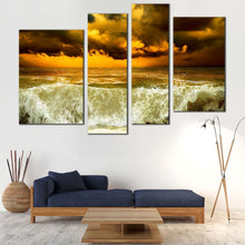 Load image into Gallery viewer, Sea Waves Canvas Print Green Ocean Waves  4 Piece Canvas Wall Art Yellow Cloudy Sky Seascape Storm Canvas Set 
