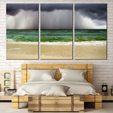 Load image into Gallery viewer, Sea Waves Canvas Wall Art Dramatic Grey Clouds Ocean Sky Canvas Print Yellow Sand Beach 3 Piece Multi Panel Canvas For Bedroom
