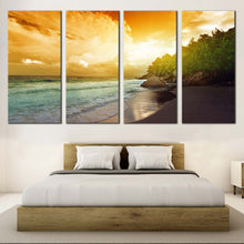 Load image into Gallery viewer, Seychelles Beach Canvas Wall Art Green La Digue Island 4 Piece Canvas  Yellow Ocean Beach Canvas Print For Your Bedroom
