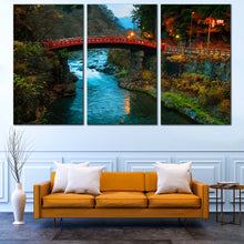 Load image into Gallery viewer, Shinkyo Bridge Canvas Wall Art Yellow Mountain Lights Nature Scenery 3 Piece Multi Canvas Blue Clear Water Forest Canvas Print Nikko City Landscape Canvas Set In Living room
