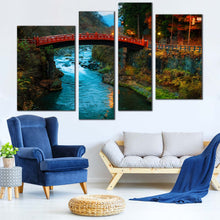 Load image into Gallery viewer, Shinkyo Bridge Canvas Wall Art Yellow Mountain Lights Nature Scenery 4 Piece Multi Canvas Blue Clear Water Forest Canvas Print Nikko City Landscape Canvas Set 

