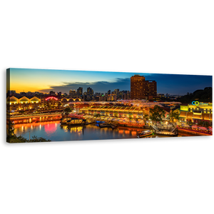 Singapore Cityscape Canvas Wall Art, Blue Cloudy Sky Night View 1 Piece Canvas Print, Yellow Harbors City River Reflection Canvas Artwork