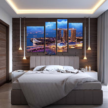 Load image into Gallery viewer, Singapore Cityscape Canvas Wall Art Brown City at Dusk 4 Piece Canvas Print Blue Sky Marina Bay Multi Canvas Artwork
