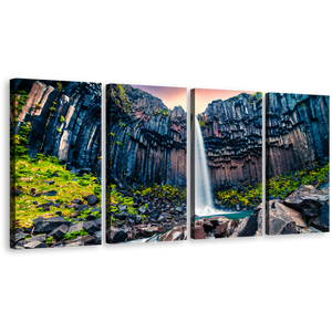 Skaftafell Waterfall Wall Art, Green Blue Rocks Scenery 4 Piece Multi Canvas, Vatnajokull National Park Black Fall Iceland Canvas Print