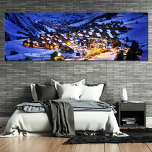 Load image into Gallery viewer, Ski Resort Canvas Wall Art France Evening Blue Landscape Canvas Artwork Yellow Lights Snow Mountain Cabins 1 Piece Canvas Print For Bedroom
