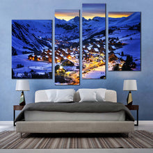 Load image into Gallery viewer, Ski Resort Canvas Wall Art France Evening Blue Landscape Multi Canvas Artwork Yellow Lights Snow Mountain Cabins 4 Piece Canvas Print
