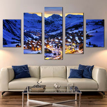 Load image into Gallery viewer, Ski Resort Canvas Wall Art France Evening Blue Landscape Multi Canvas Artwork Yellow Lights Snow Mountain Cabins 5 Piece Canvas Print In Living Room
