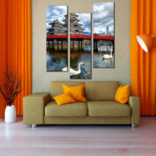 Load image into Gallery viewer, Sky  Gray  Clouds  red  Bridge  on  River  Matsumoto  Castle  3  piece  Canvas  Artwork For Your Living Room
