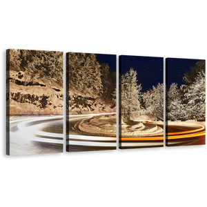 Snow Light Canvas Wall Art, Snow Night Sky Multiple Canvas, Grey Trees Winter Lights 4 Piece Canvas Set, Orange White Light Trail Canvas Print